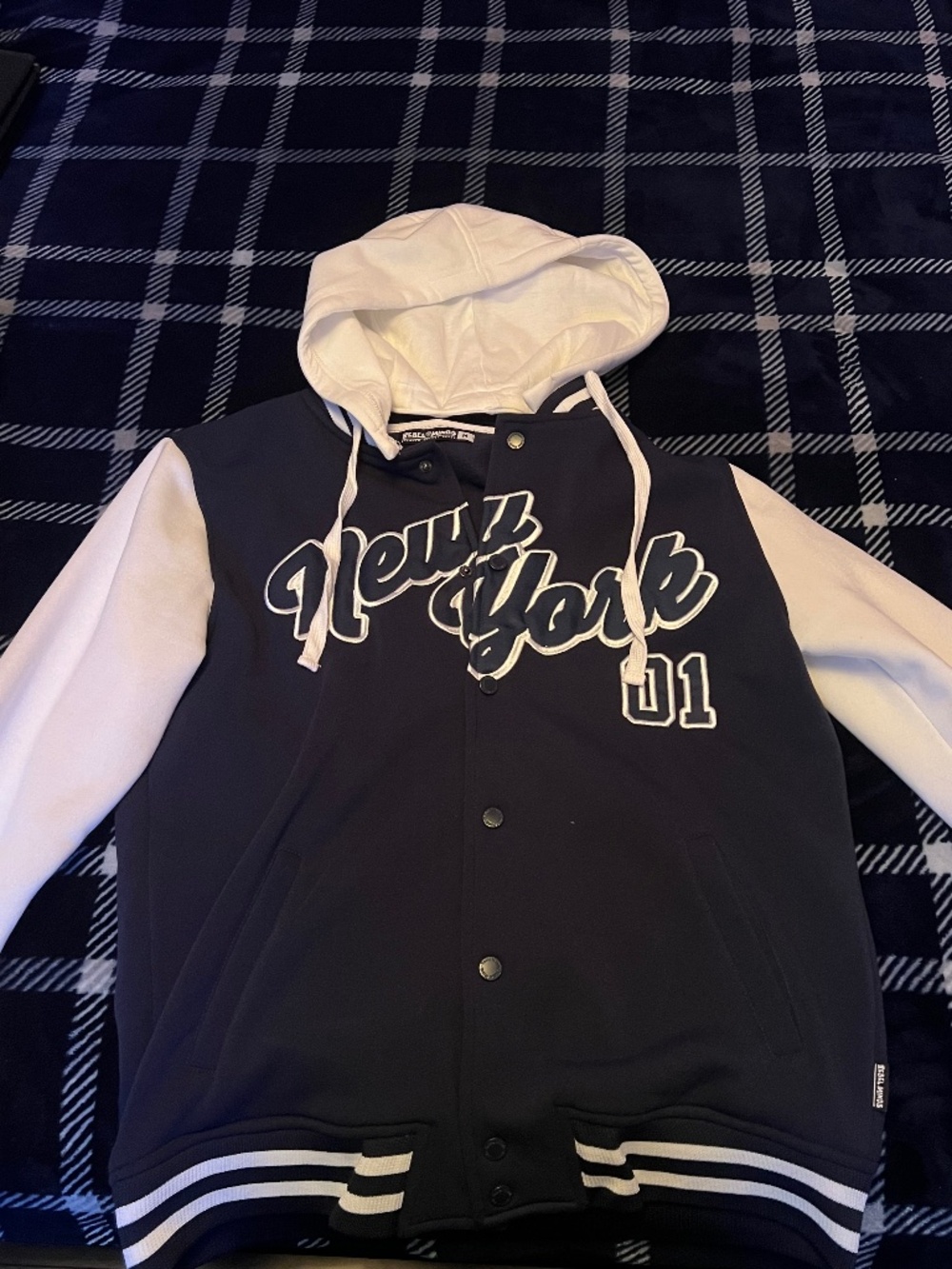 Mens Navy Blue and White New York Button Up Hoodie